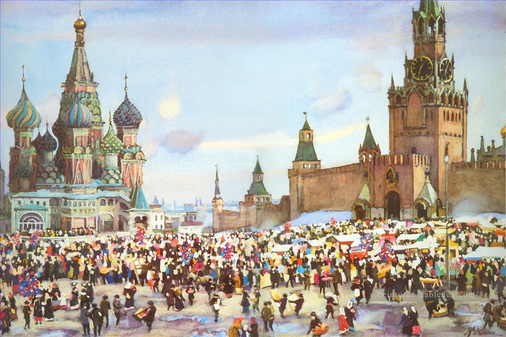 bazar du dimanche de palmier sur le carré rouge 1916 Konstantin Yuon scènes de ville de paysage urbain Peintures à l'huile